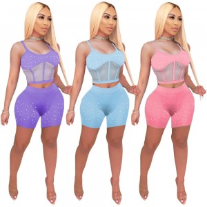 Corset Tracksuit 2 Pieces Shorts Sets with Rhinestones Women Patchwork Mesh Crop Top and Biker Shorts